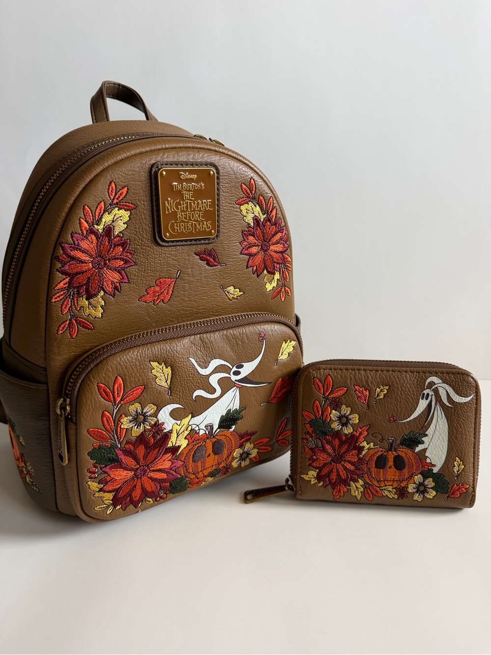 The Nightmare Before Christmas Brown Embroidered Loungefly Backpack & Wallet Set